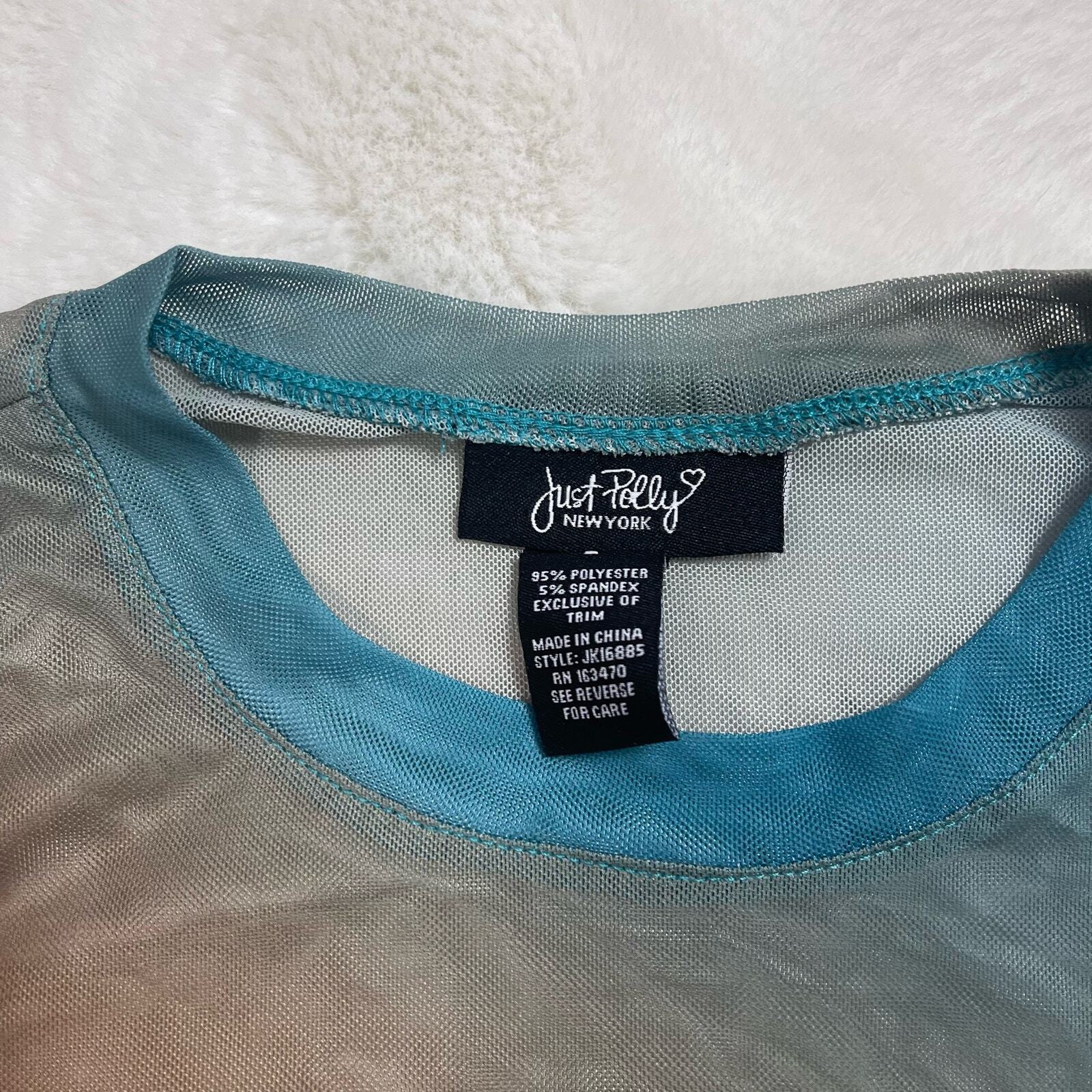 Just Polly Sheer Rhinestone Butterfly Long Sleeve Ombre Orange Blue Crop Top L