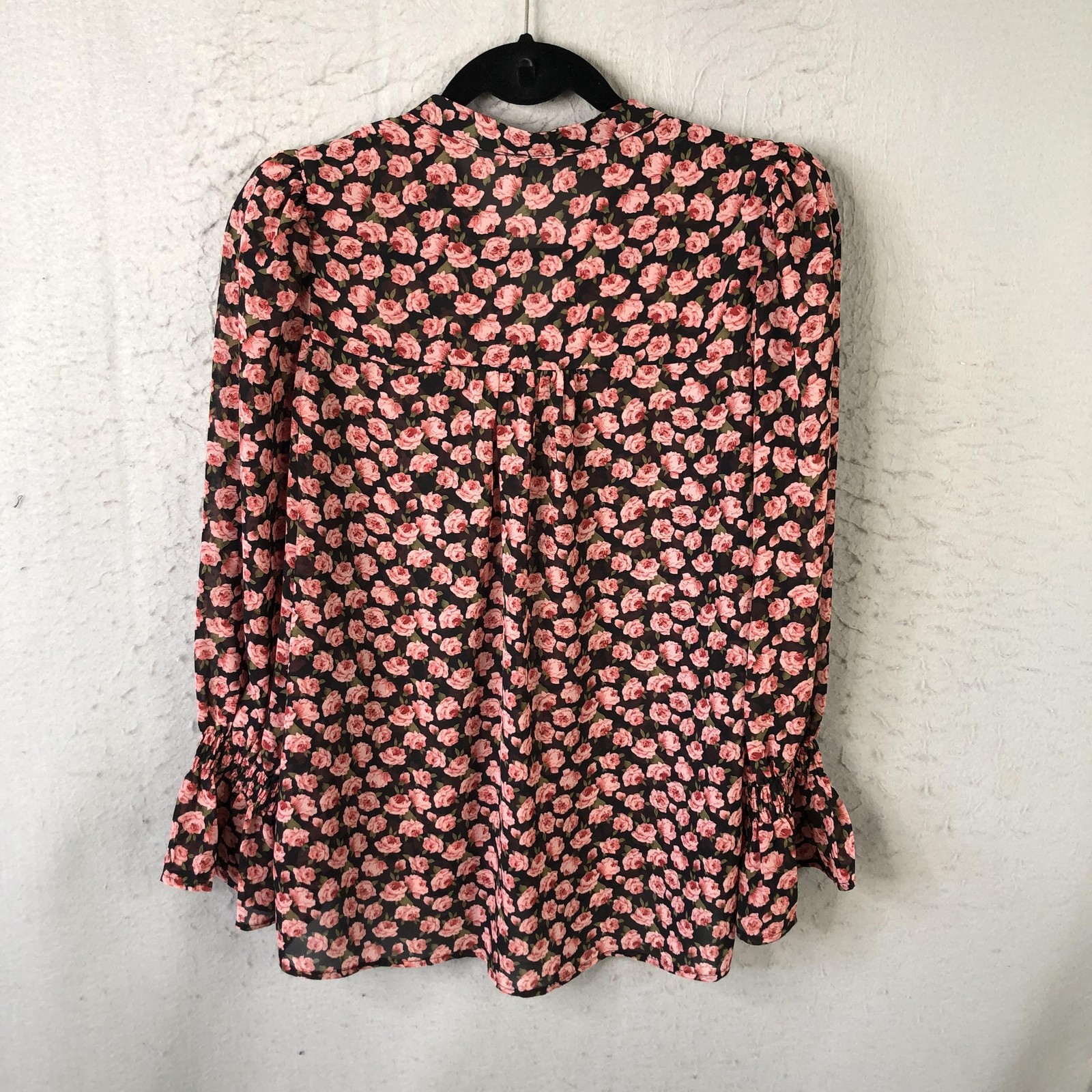 Feminine top Womens S Black Rose Dark Floral Button Front Sheer Ruffle Cottage