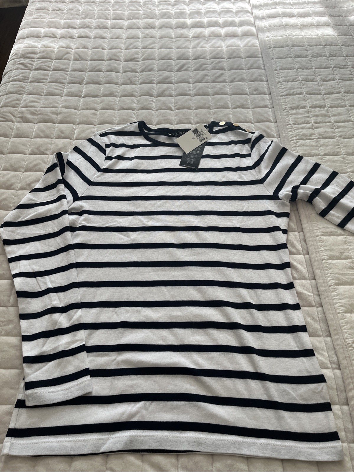 Lauren Ralph Lauren Women’s Large White & Navy Striped Tee Shirt Gold Buttons