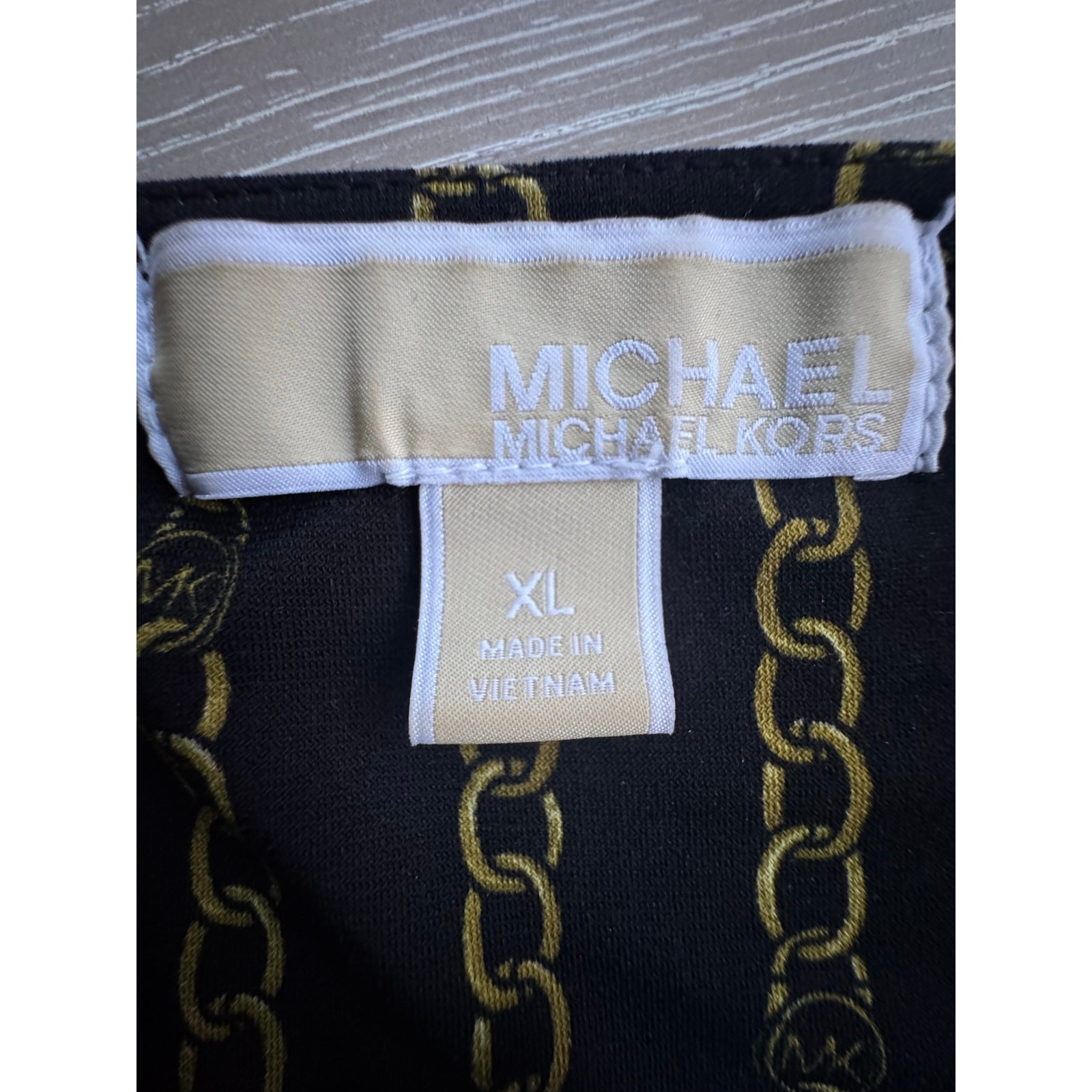 Michael Kors Chain Stripe Tunic Blouse Black Gold Zip Front Roll Tab XL