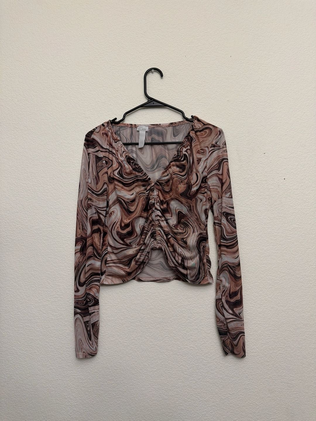 West of Melrose Brown Marble Swirl Ruched Mesh Long Sleeve Top V-Neck Large