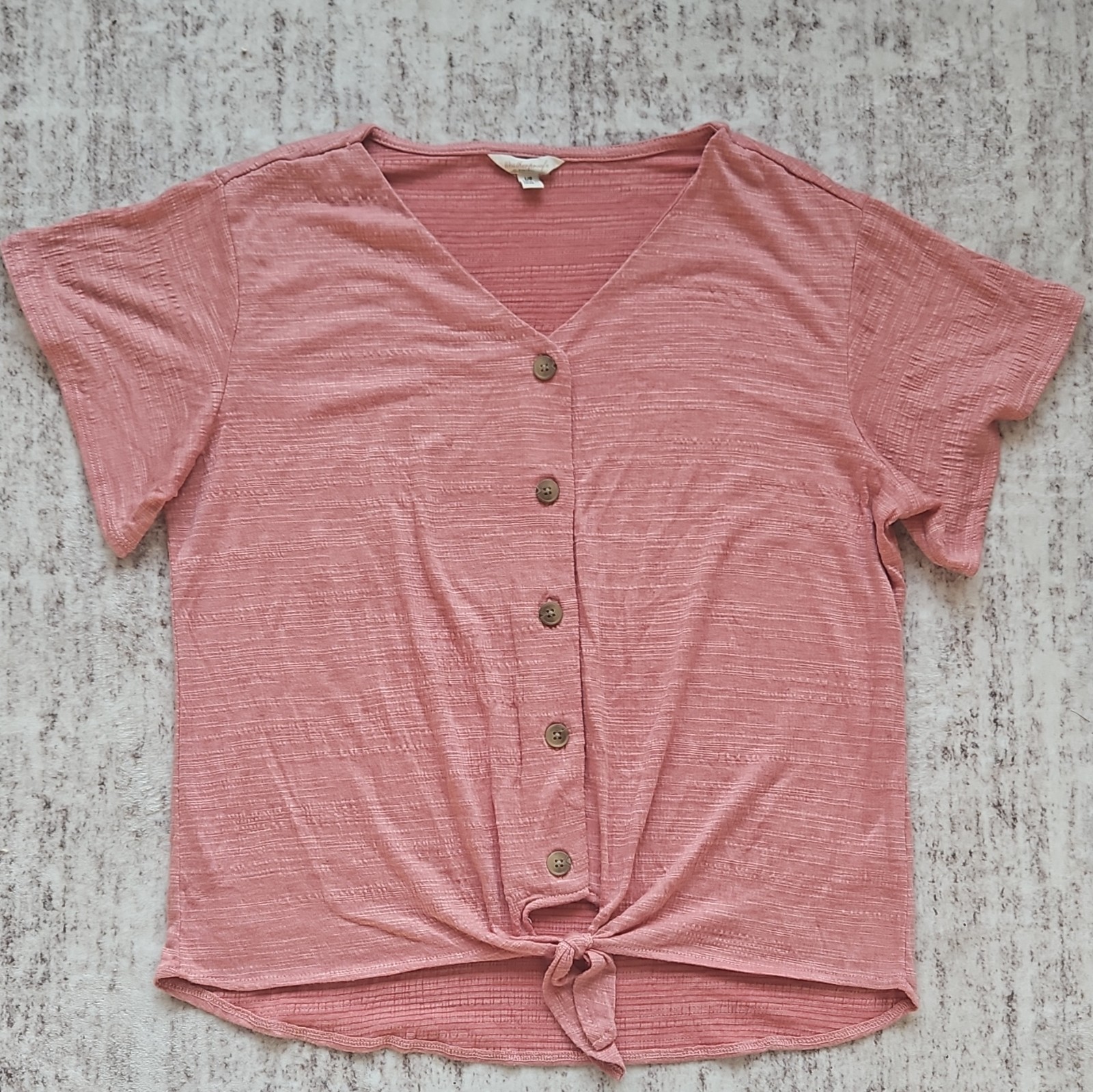 Weatherproof Vintage Women’s Pink Solid Knit V-Neck Button Tie Hem Top L