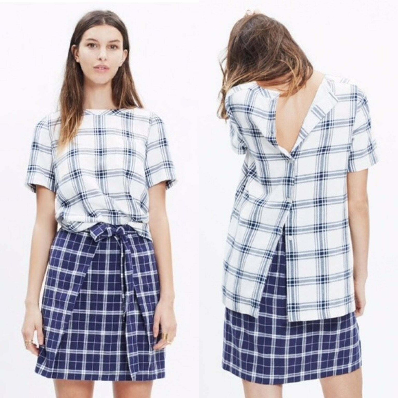 Madewell Womens Windowpane Plaid Top Size M Preppy Classic Old Money Back Button