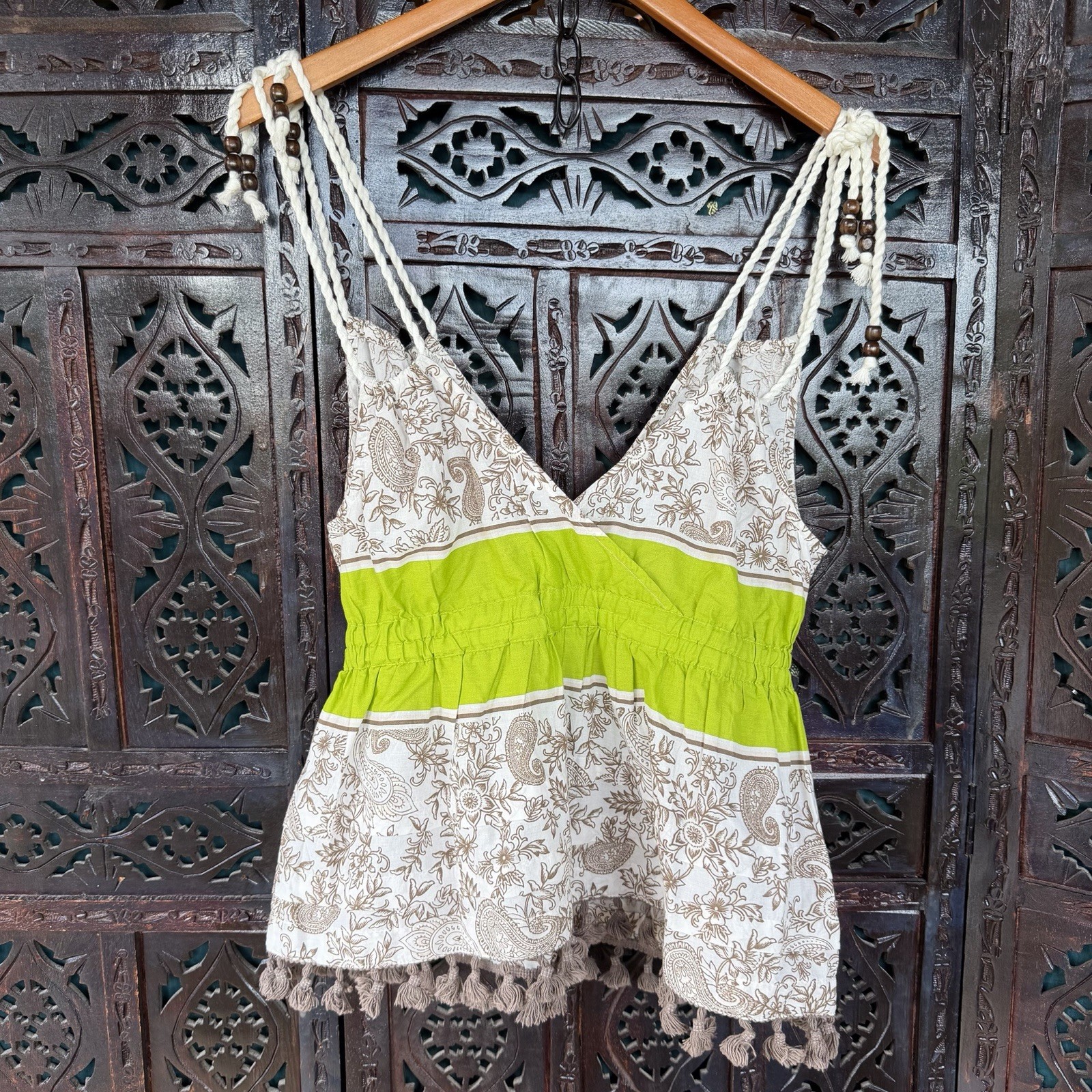 Boho Tassel Fringe Tank Top Womens M 100 Cotton Wood Bead Rope Paisley Botanical