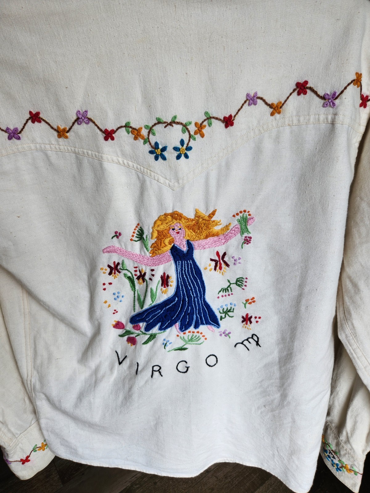 Vintage 70s Boho Zodiac Hippie Virgo Fairy Embroidered Festival Womens Shirt