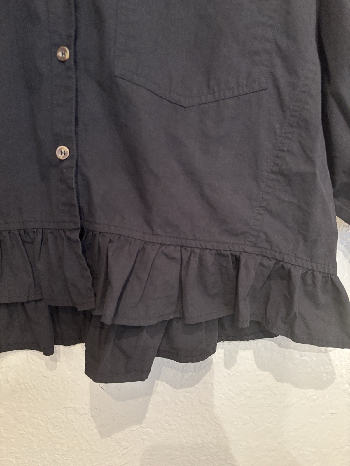 Cotton Black Button-Up Ruffle Hem Top Boho Casual Oversized Cicy Bell Summer