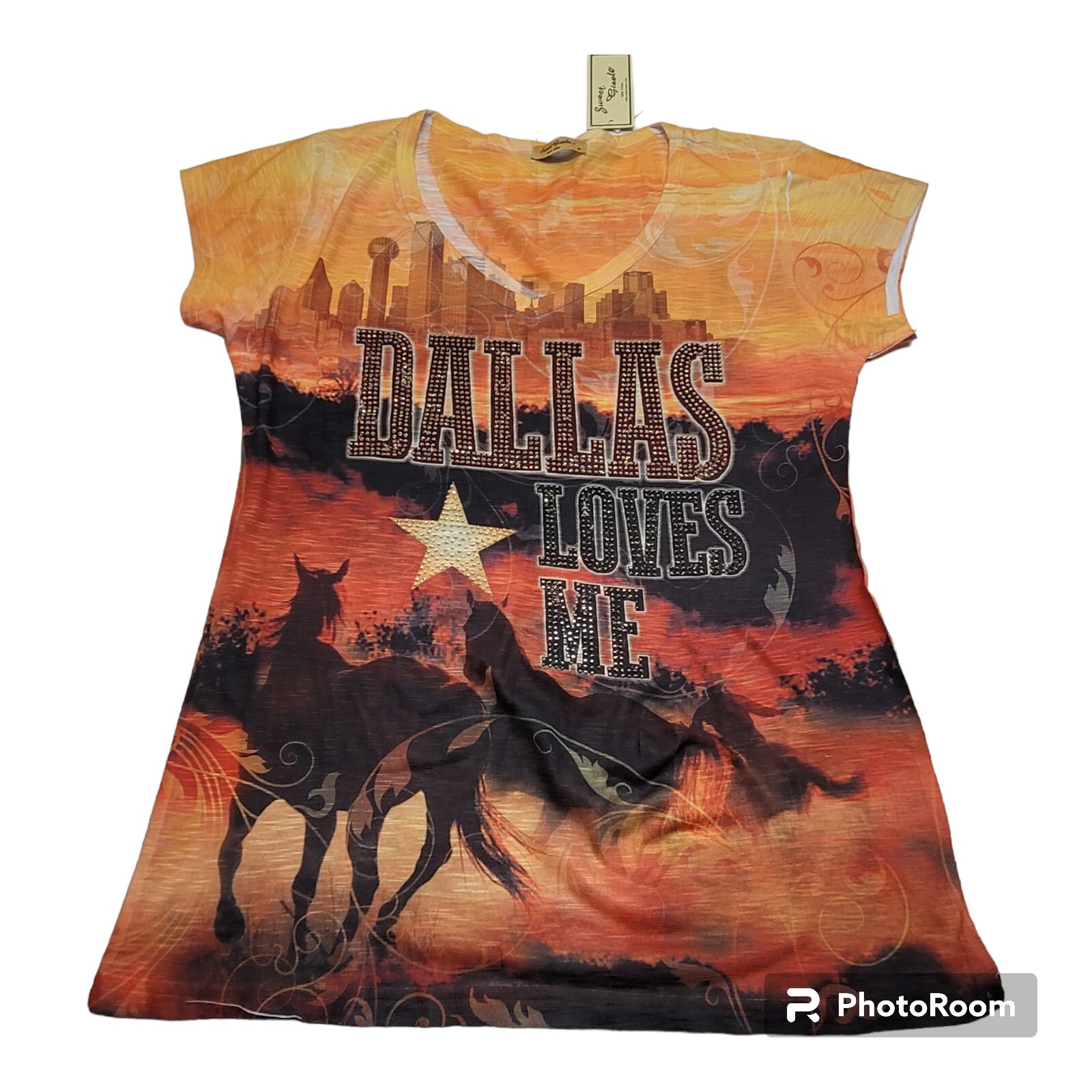 Sweet Gisele Womens Shirt Top Medium V Neck Dallas Loves Me Texas Lone Star NOS