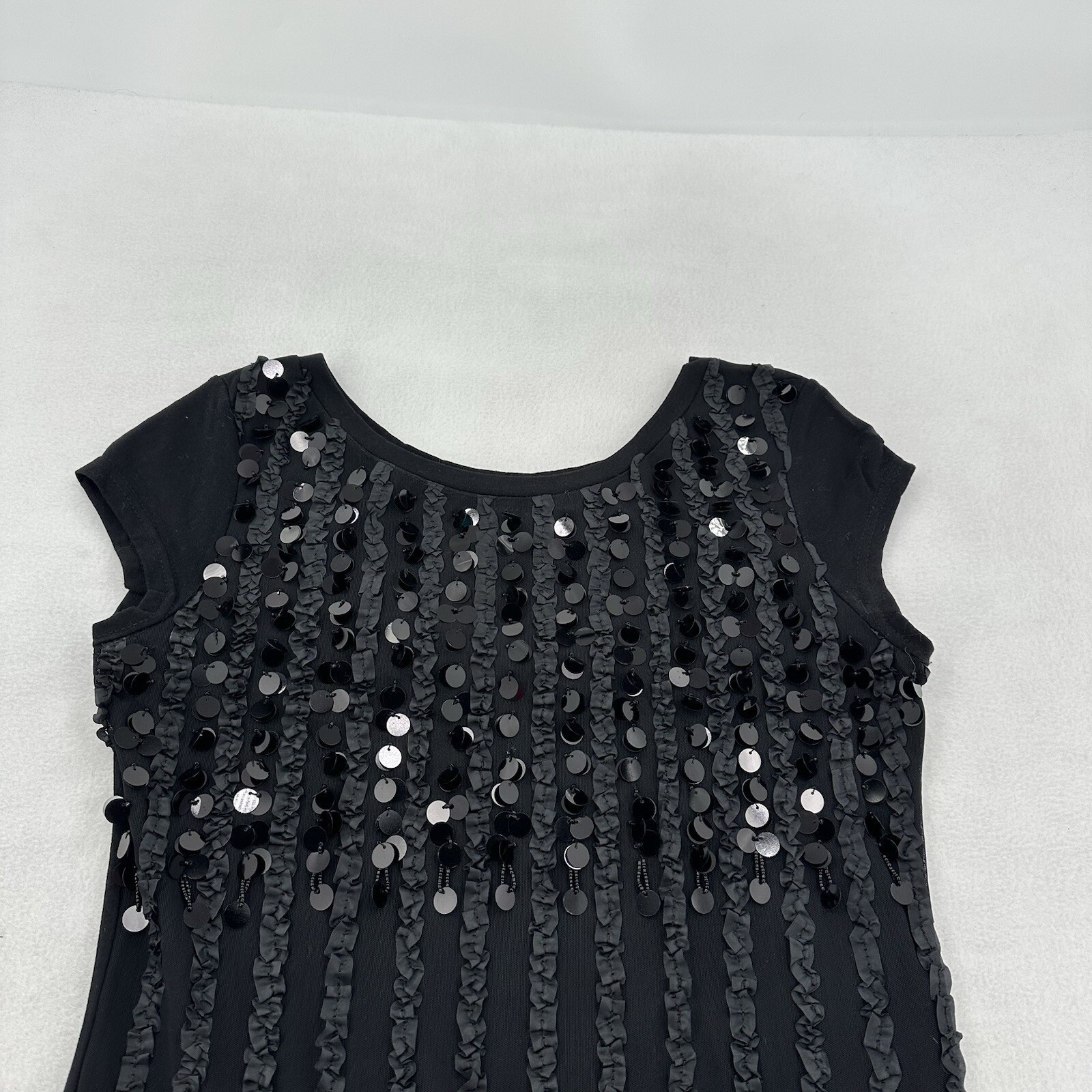 Lauren Michelle Black Sequin Ruffle Front Cap Sleeve Top Medium Cocktails Party
