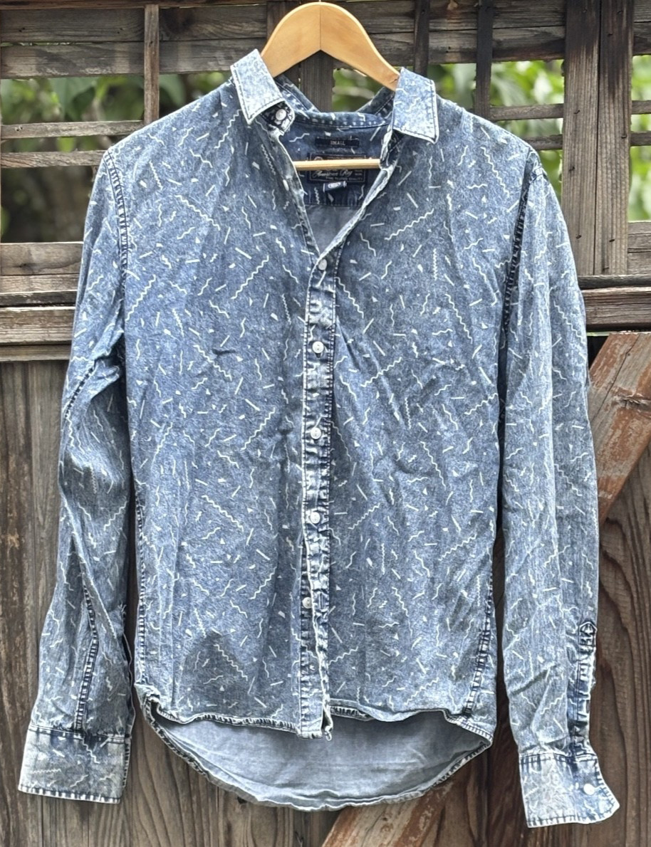 American Rag Chambray Shirt 90s Squiggle Print Mens [M] Retro Abstract Pattern