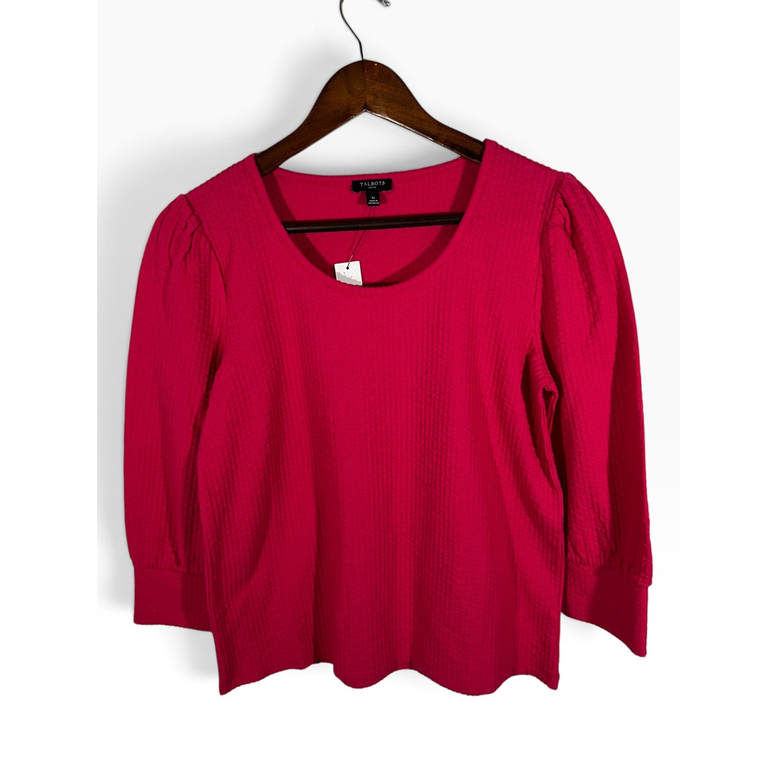 Talbots Pink Puff Sleeve Rib Knit Top SP Cotton Blend NWT Career Preppy