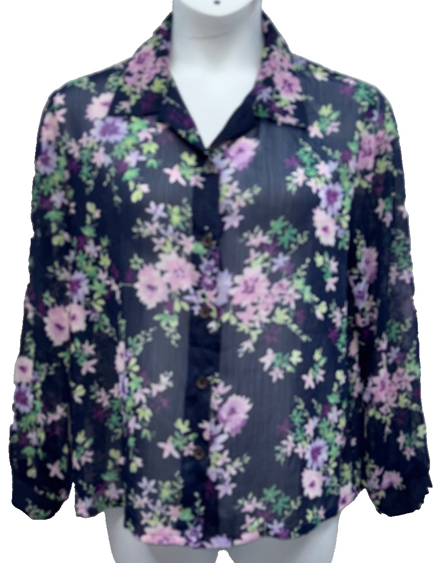 VTG Haband Women Size L Button Up Long Sleeve Semi Sheer Top Navy Floral Print