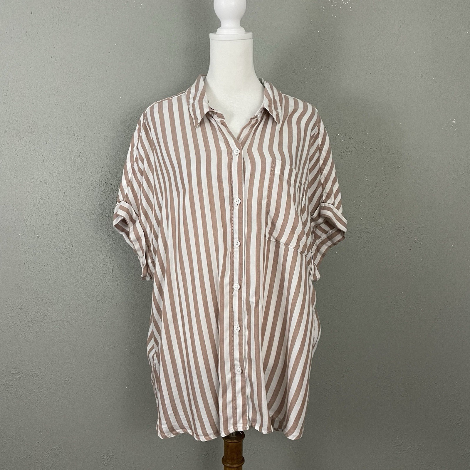 Lola River Striped Button-Up Shirt Size XL Beige White Relaxed Lyocell Blouse