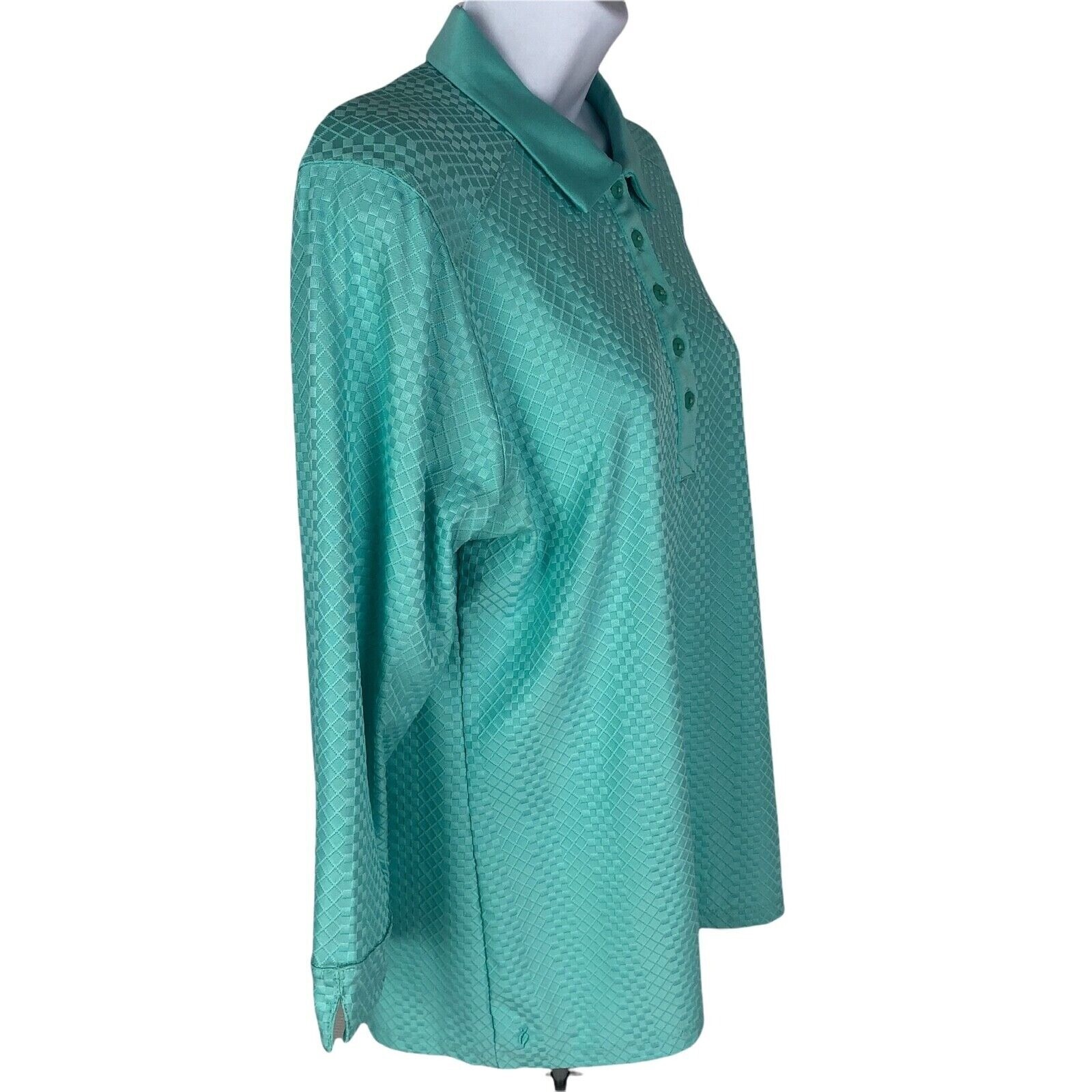 Lopez Top Women Size L Sea Green DeLux Dri 5 Buttons Below Collar 3/4 Sleeves
