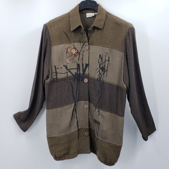 Vtg K.d. Spring Button Up Tunic Shirt Size S Brown Artsy Lagenlook Patch Detail