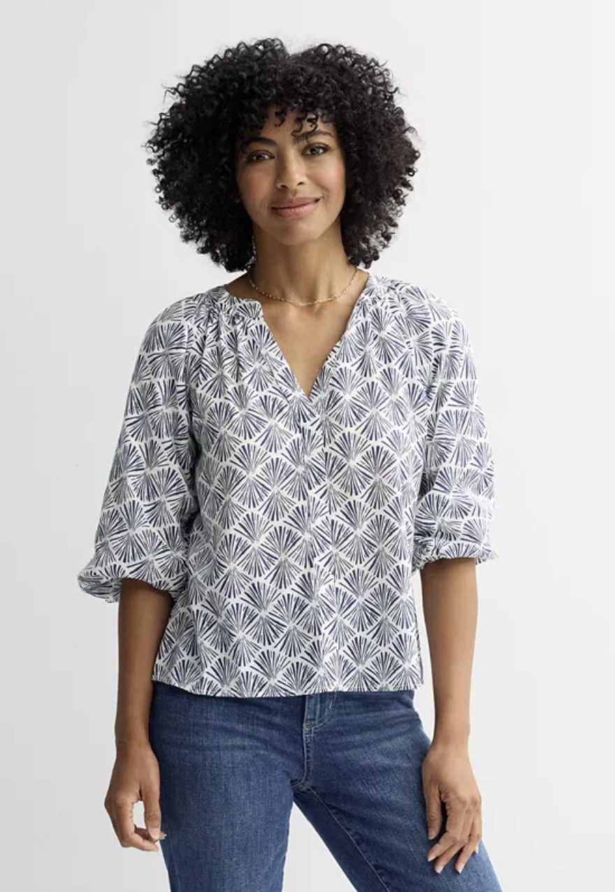 Sonoma Goods for Life® Navy Blue White Geo Lattice Y-Neck Blouse Boho Top XL