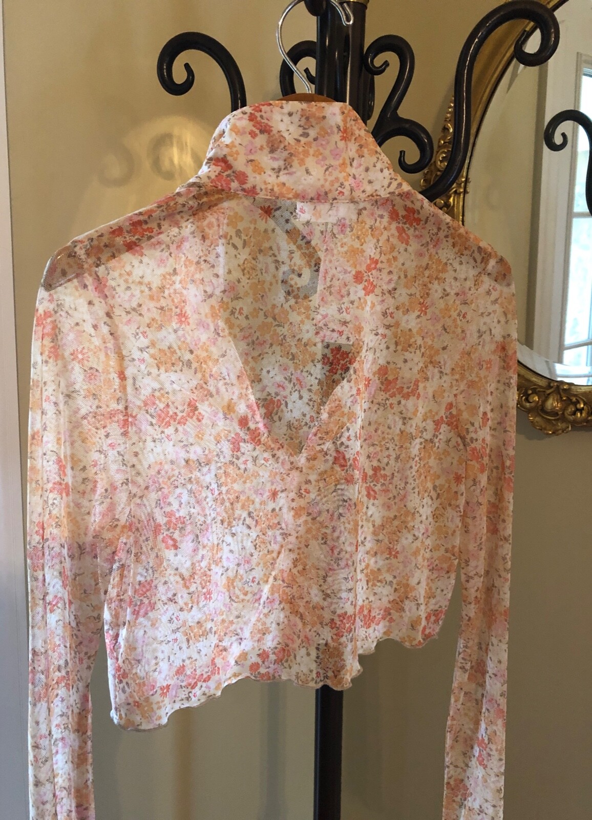 SAGE THE LABEL “Ciao Rome” Sheer Faded Floral Cropped Long Sleeve Mesh Top XS
