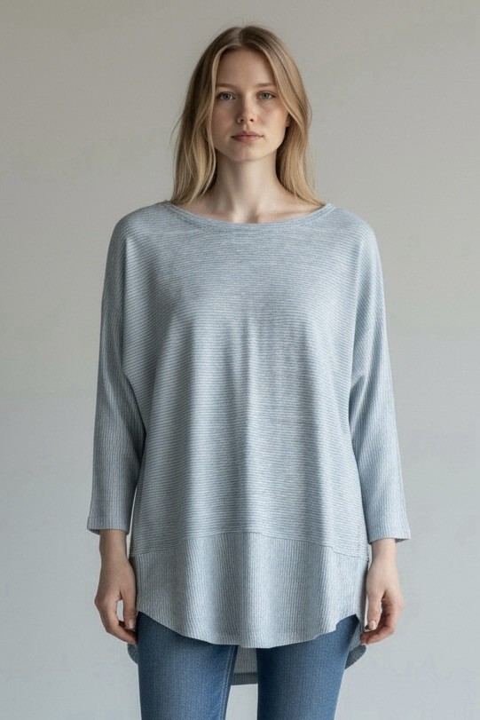 C & C California Small White Blue Stripes Linen 3/4 Sleeve Relaxed Fit Top Tunic