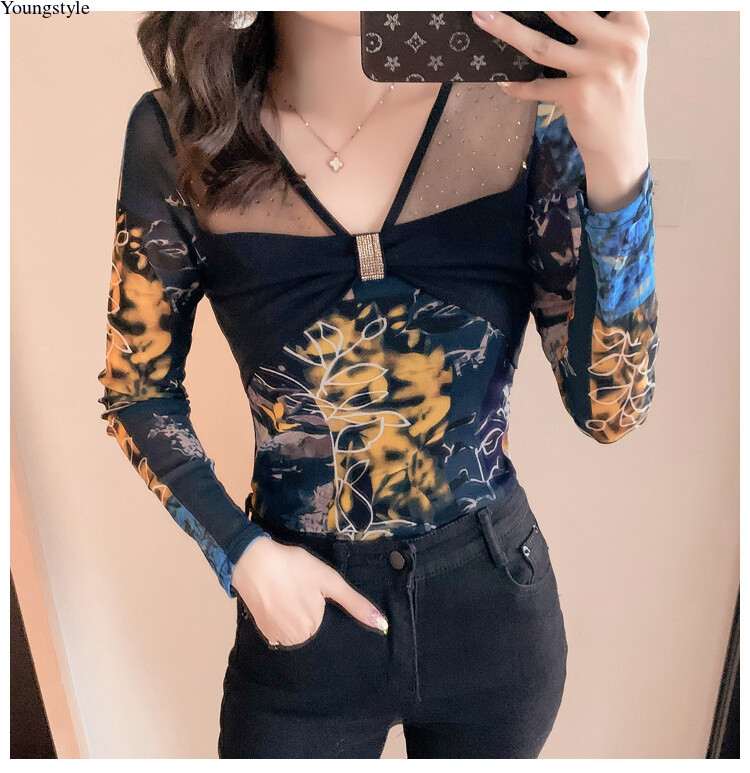 Sexy Korean Women Mesh Rhinestone Slim Casual Party Cocktail Tops Blouse Shirts