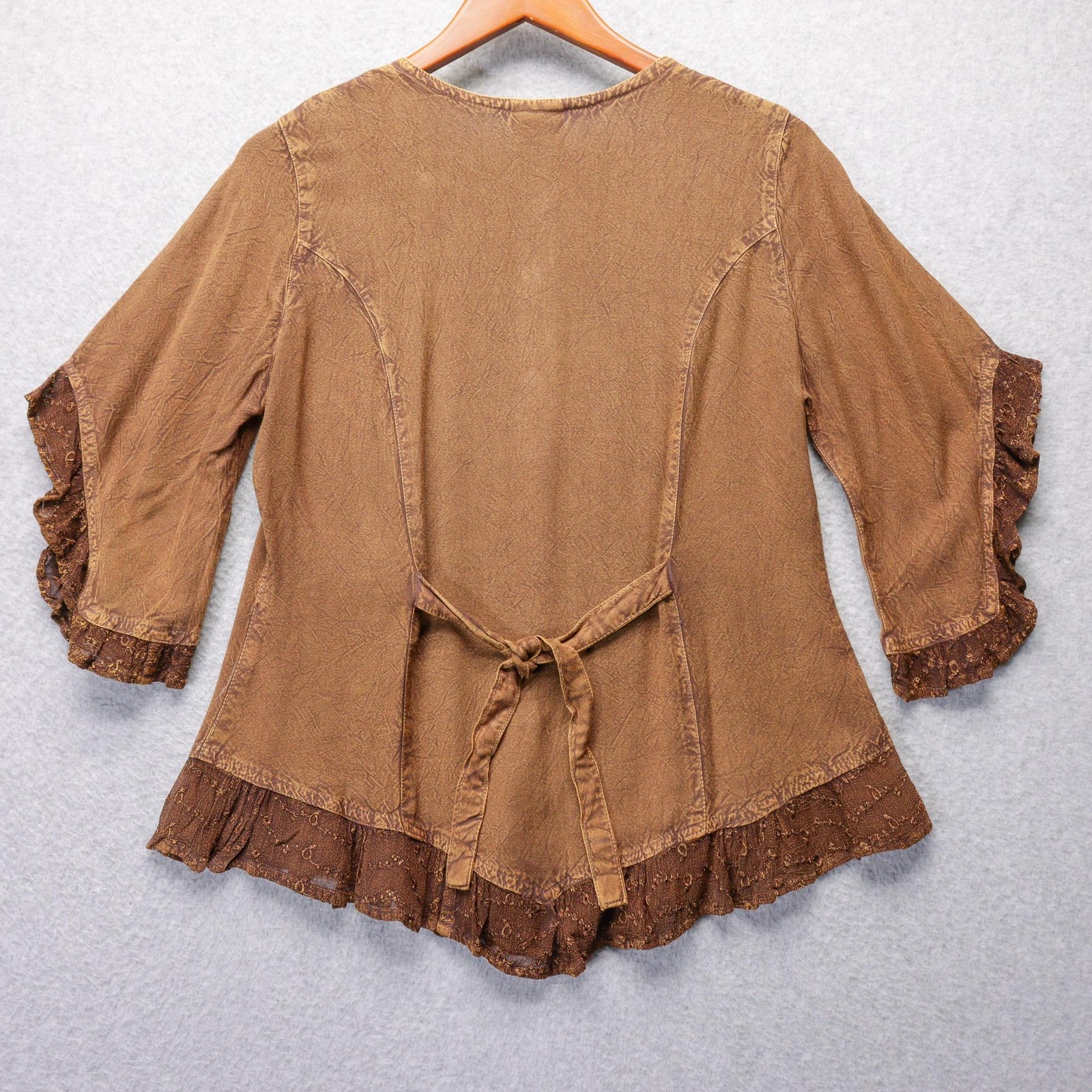 Yeshi Blouse Womens M Brown Embroidered Button Ruffle Fairy Boho Rennaissance