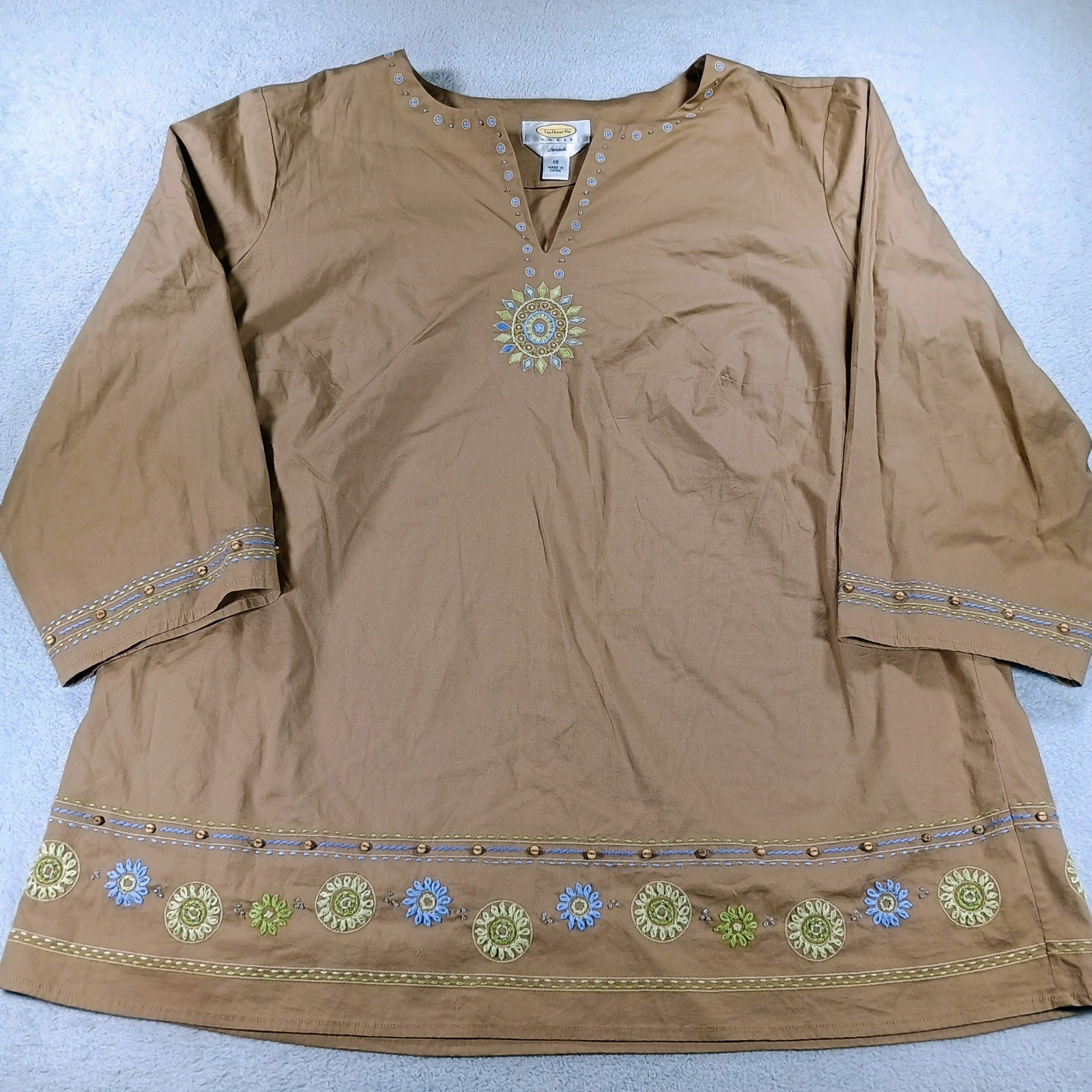 Talbots Woman Top 1X Tan Embroidered Beaded Split Neck Tunic 3/4 Sleeve