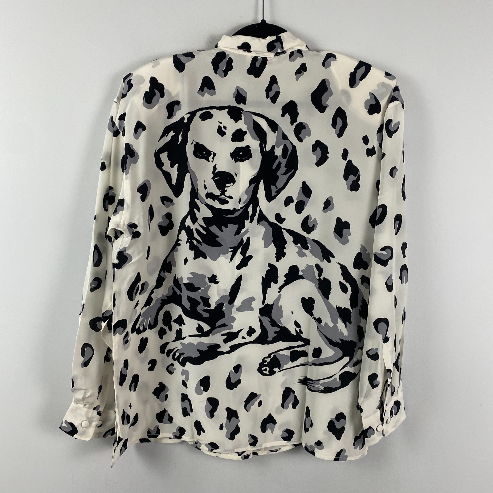 Fu Da Fine Silk Animal Dalmatian Dog Print Button Up Blouse Size Large