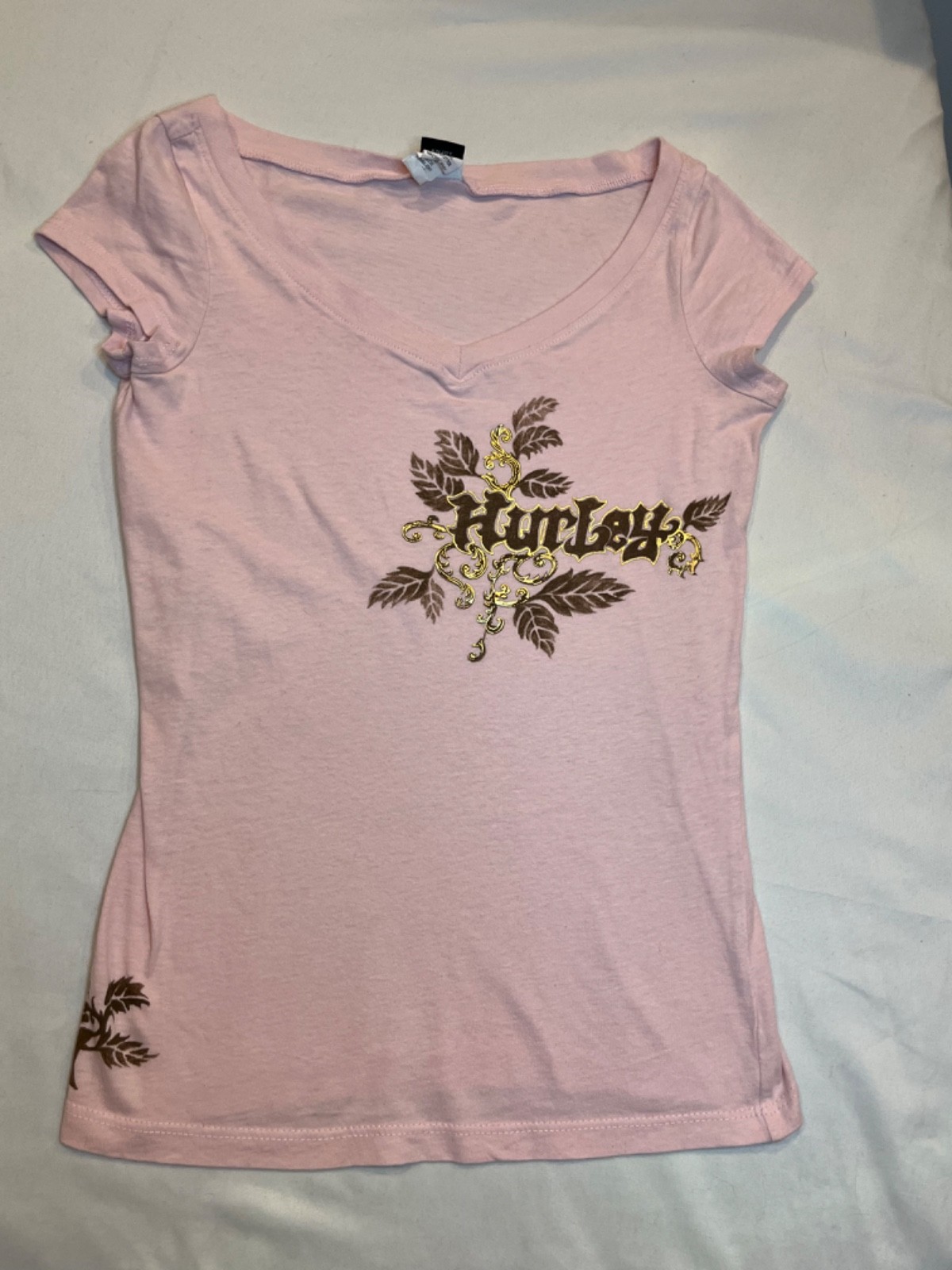 Vintage Hurley T Shirt XS Y2K VTG Pale Pink V-Neck Top 100% Cotton Skater Grunge