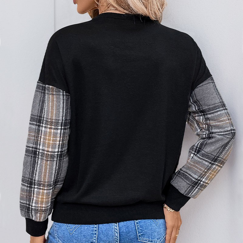 Cross-border Checkered Patchwork Round-Neck Sweatshirt for Women’s Foreign Trade