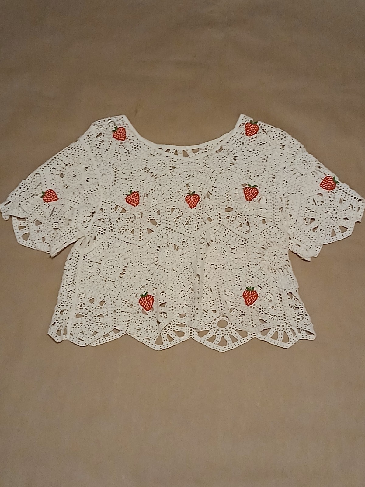 White Crochet Cropped Top S Strawberry Embroidered Short Sleeve Round Neck