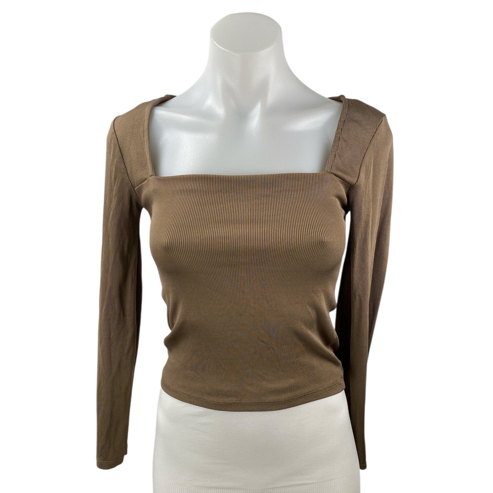 Stradivarius Women’s Brown Square Neck Rib Knit Long Sleeve Crop Shirt Top Sz S