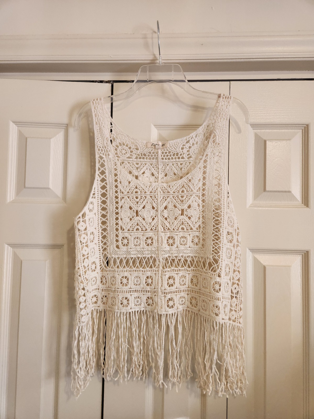 Rebellion crochet top, fringes, size S, boho, hippie, ivory
