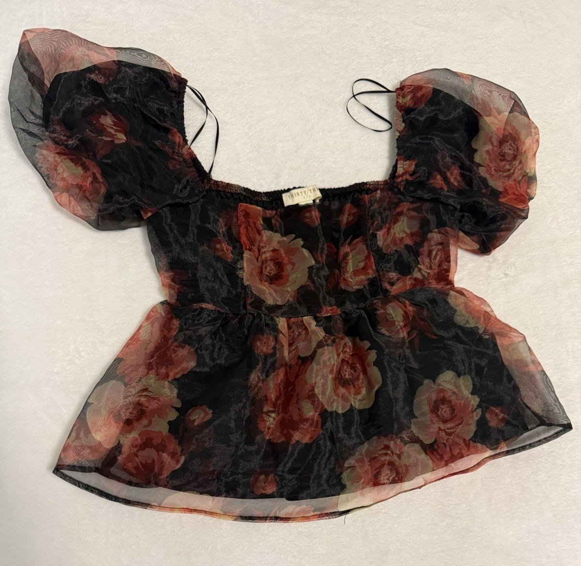 Thirty Two Womens S Black Floral Chiffon Sheer Square Neck Smocked Peplum Blouse