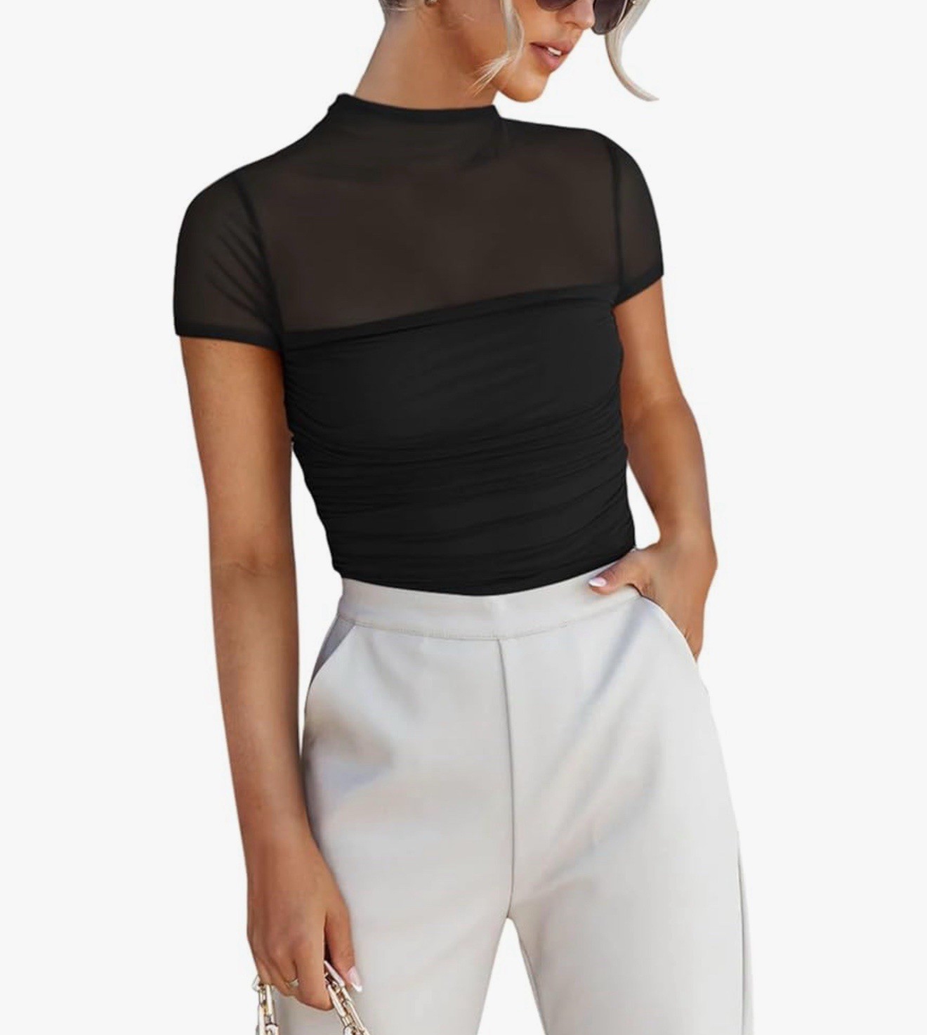 REORIA Women’s Sexy Mock Turtle Neck Short Sleeve Shirts Sheer Mesh (Only Large)