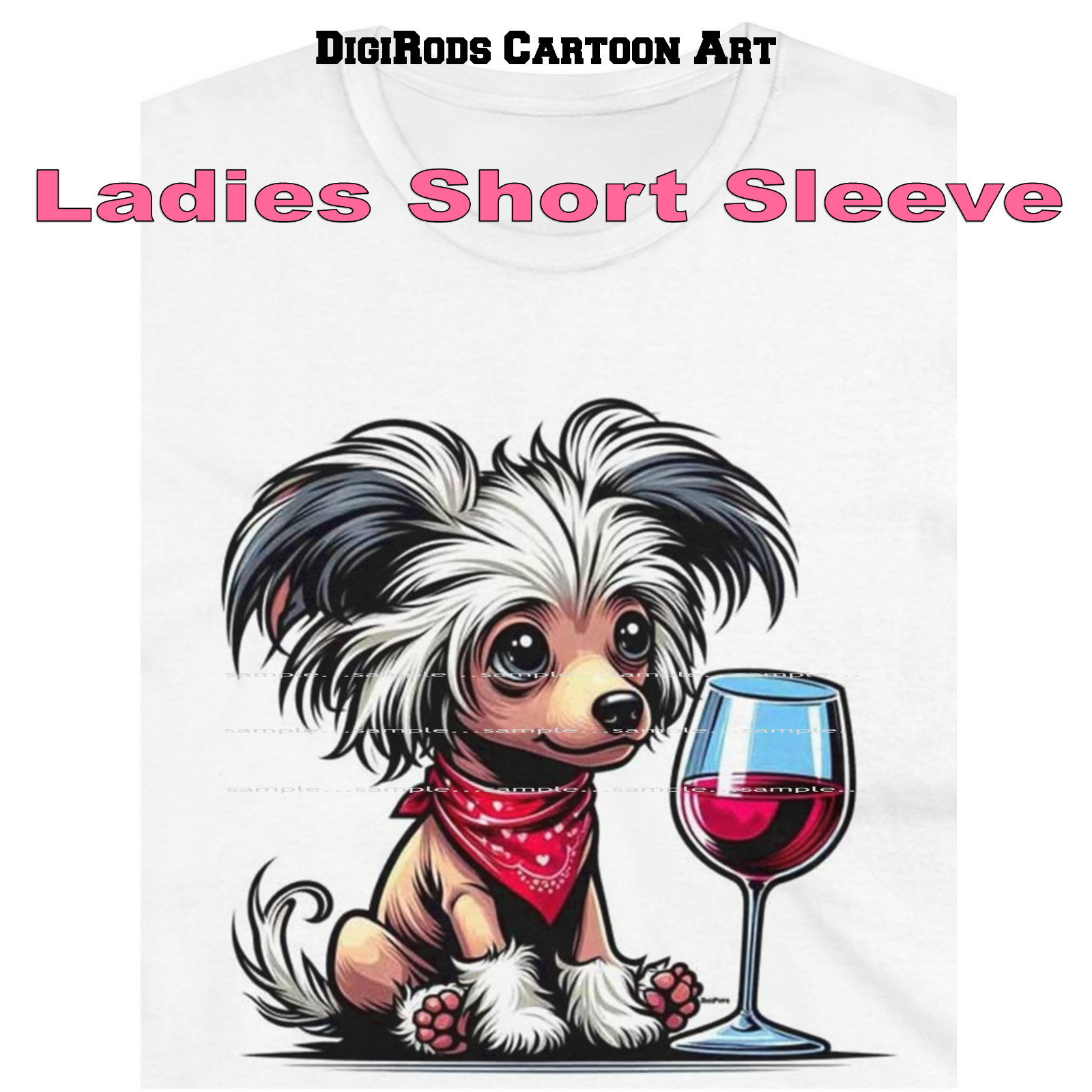 Chinese Crested Puppy Dog Wine Lover Breed #1 DigiPups Cartoon Ladies T Shirt