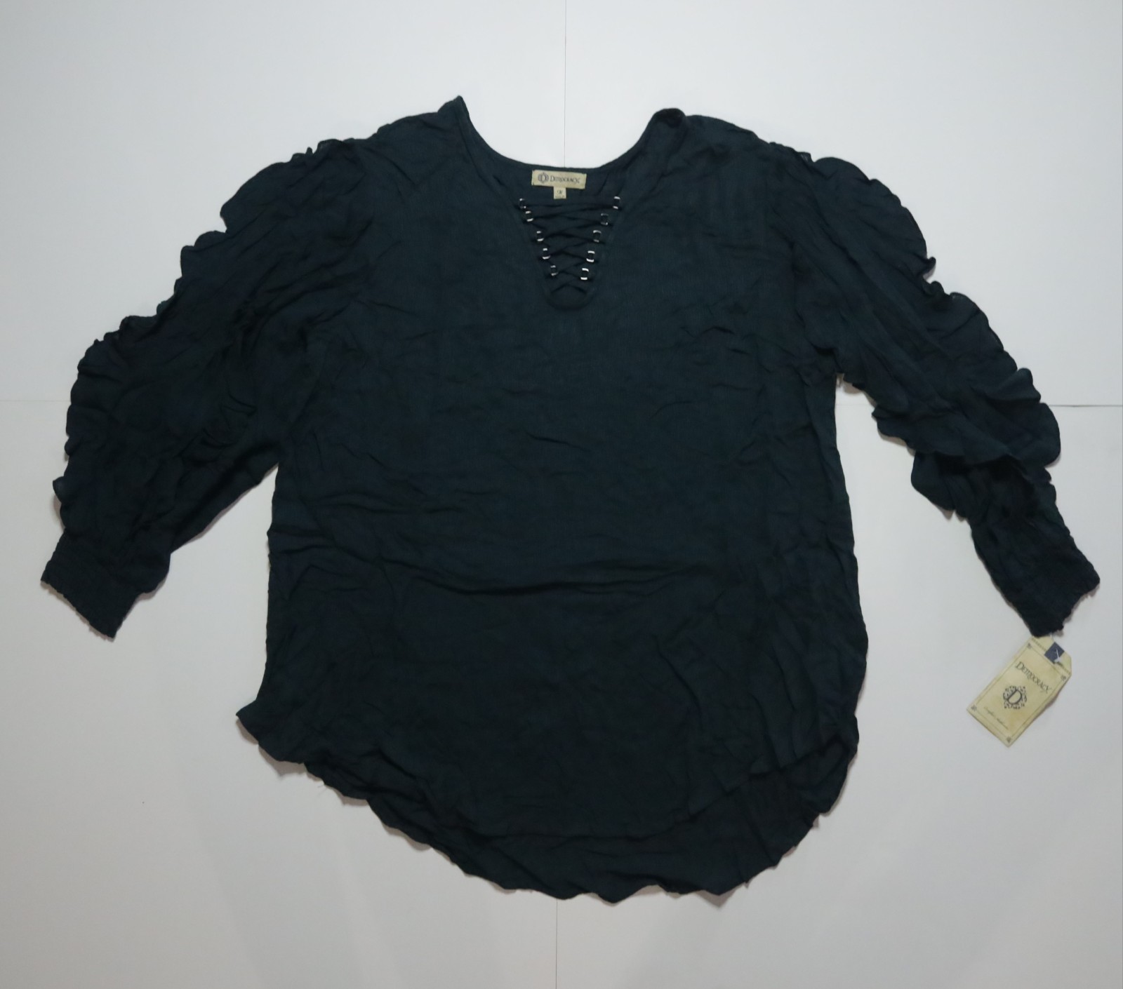 Democracy Dark Forest Green Top with Double Ruffled Long Sleeves Medium