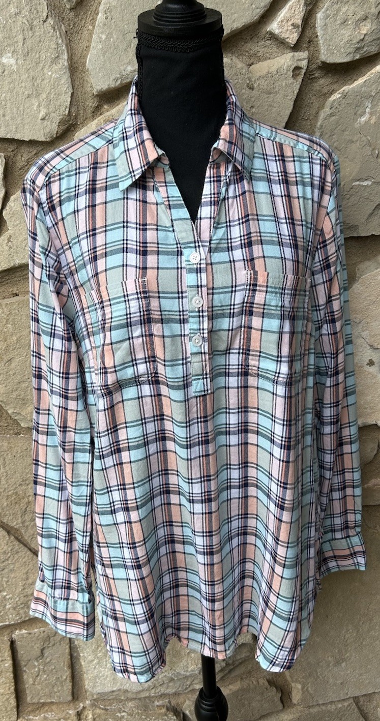 BLUE MOUNTAIN Tunic Top Medium Blue Pink Multicolor Plaid Excellent Condition
