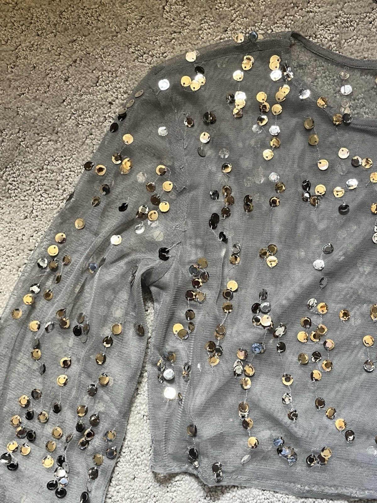 Zara Pull Over Semi Shear shirt Top Spangles Front & Back Lined Grey S/M Zara