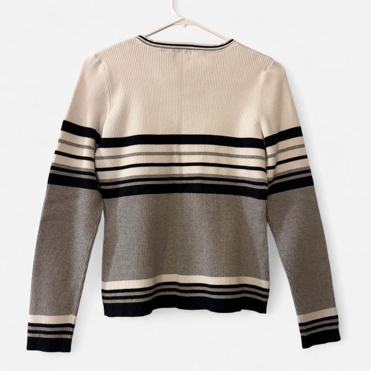Rafaella Petites Sweater Womens White Gray Striped Rib Knit Cotton Blend