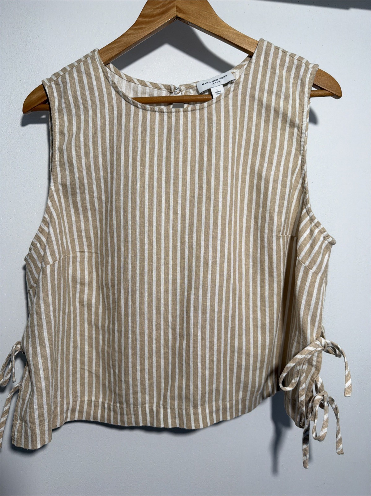 Marc New York Jeans Beige White Striped Linen Sleeveless Top L Linen