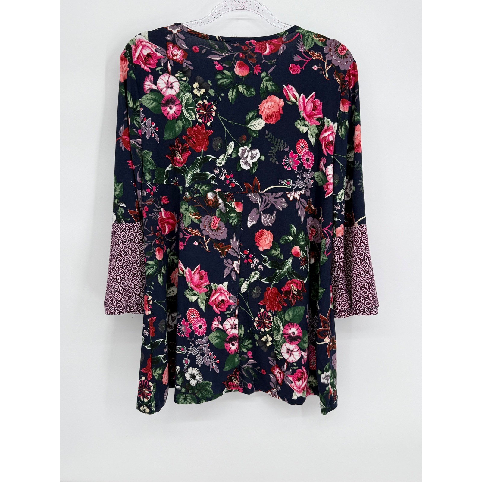 Como Blu Womens Floral Bell Sleeve Top Navy Blue Pink Sz L