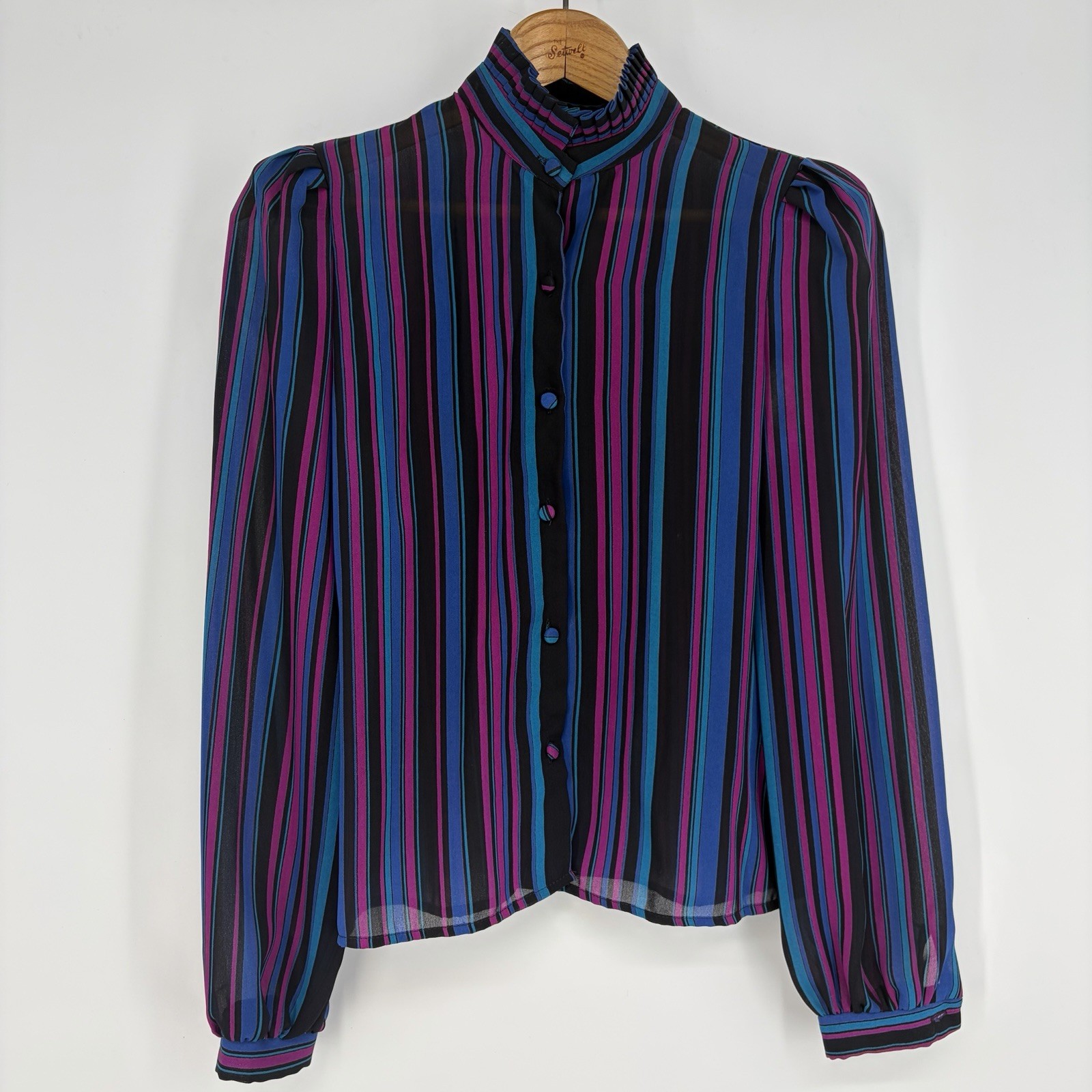 VTG 80s La Fleur Blouse 8 S/M Long Sleeve Sheer Striped Pleated Mock Neck Punk