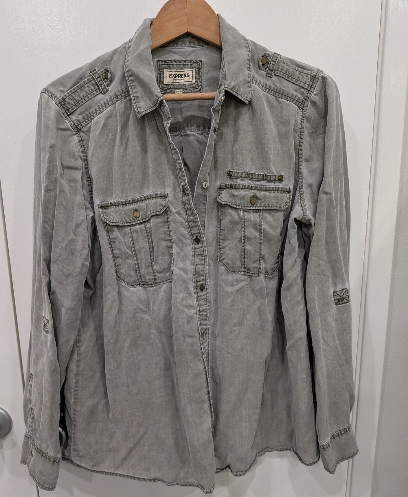 Express Boyfriend Utility Shirt Gray 100% Lyocell Lagenlook Gorpcore Large