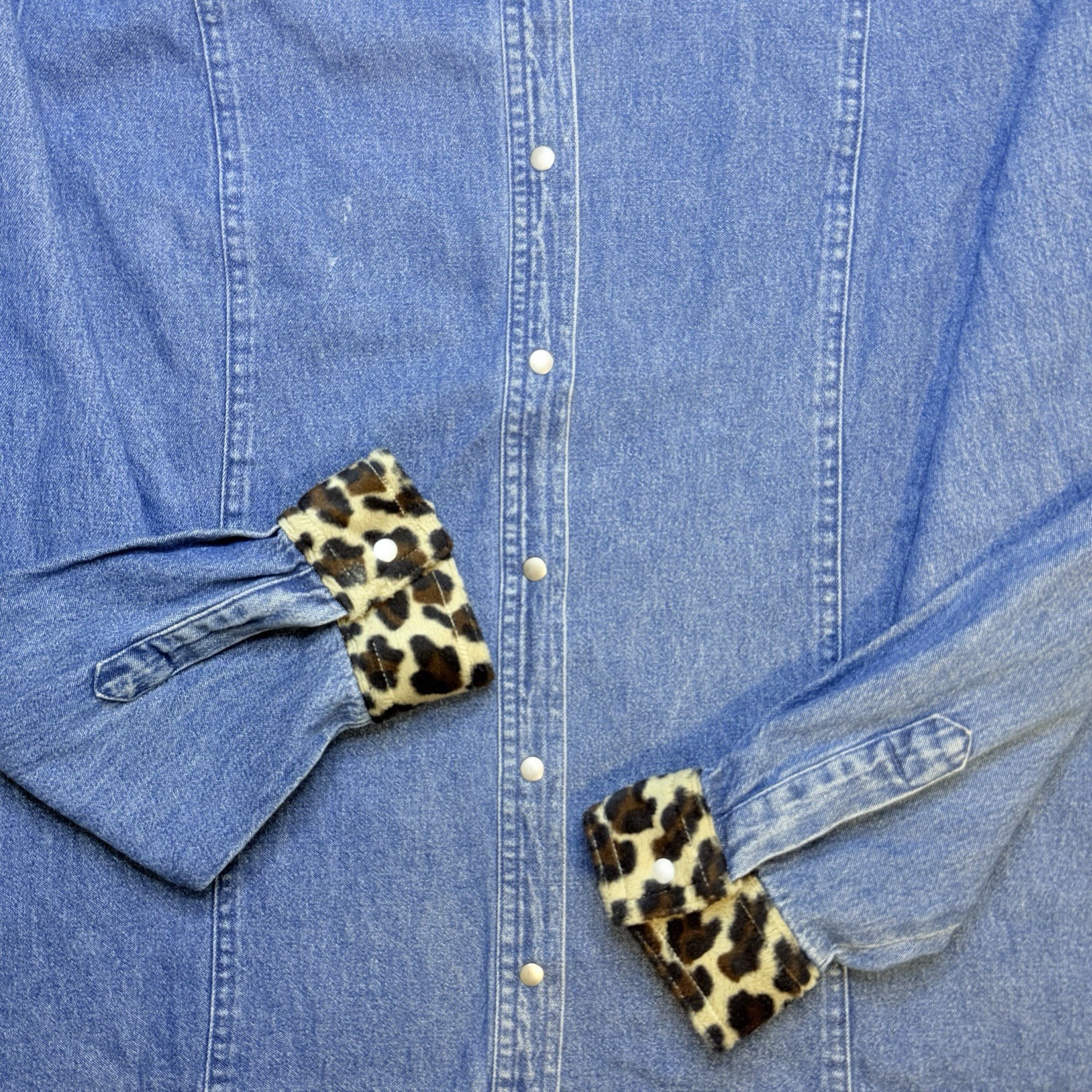 Y2K Denim Snap Button Shirt Leopard Print Collar Western Cowgirl Jacket Top L