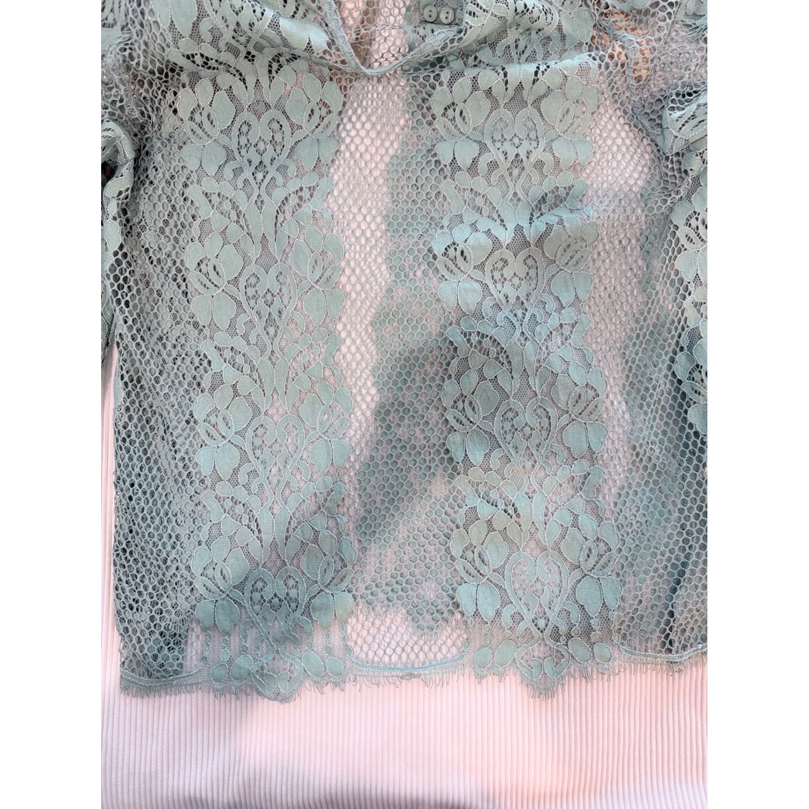 BKE Boutique Sage Green Sheer Lace Mock Neck Long Sleeve Top Size M BTQM4731