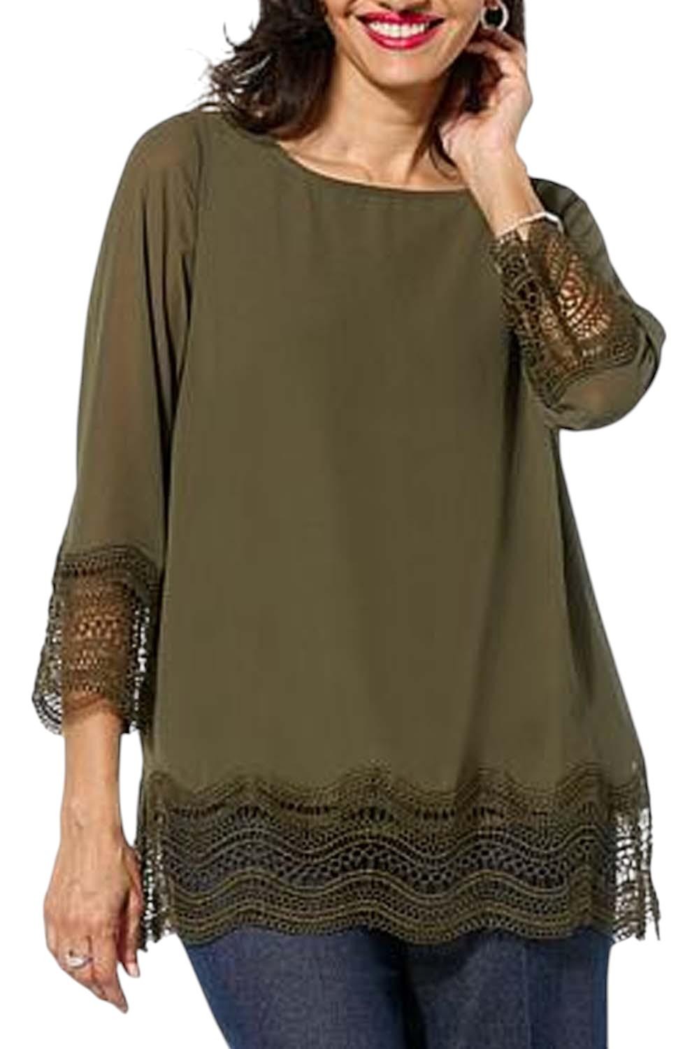 Nina Leonard Women’s 3/4 Sleeve Lace Trimmed Chiffon Tunic Light Olive