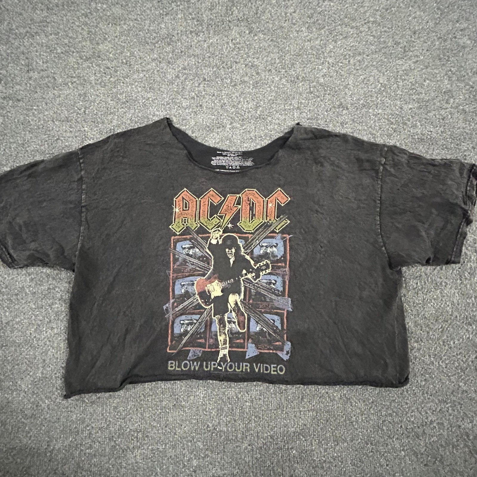 AC/DC T-Shirt Womens Size L Black Cropped Raw Hem Graphic Band Tee Cotton Rock