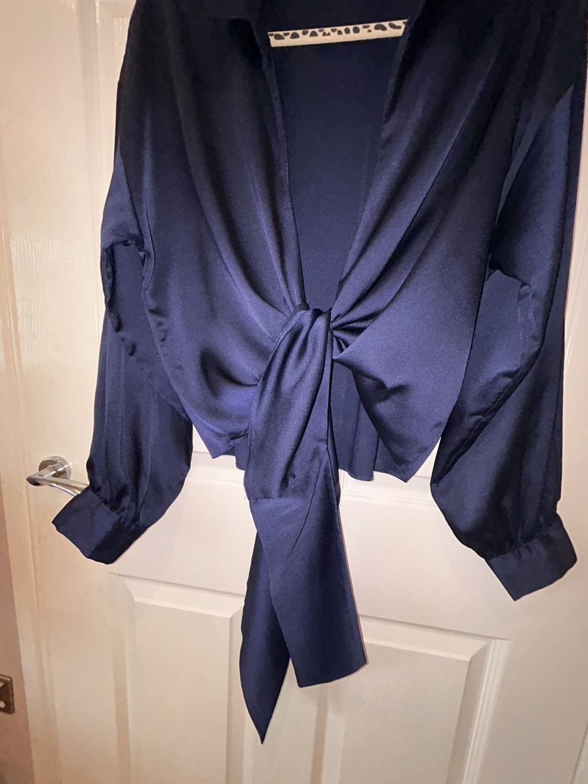 Sz 14 New Look Navy Blue Long Sleeve Blouse Shirt Tie Front Satin Silky Top