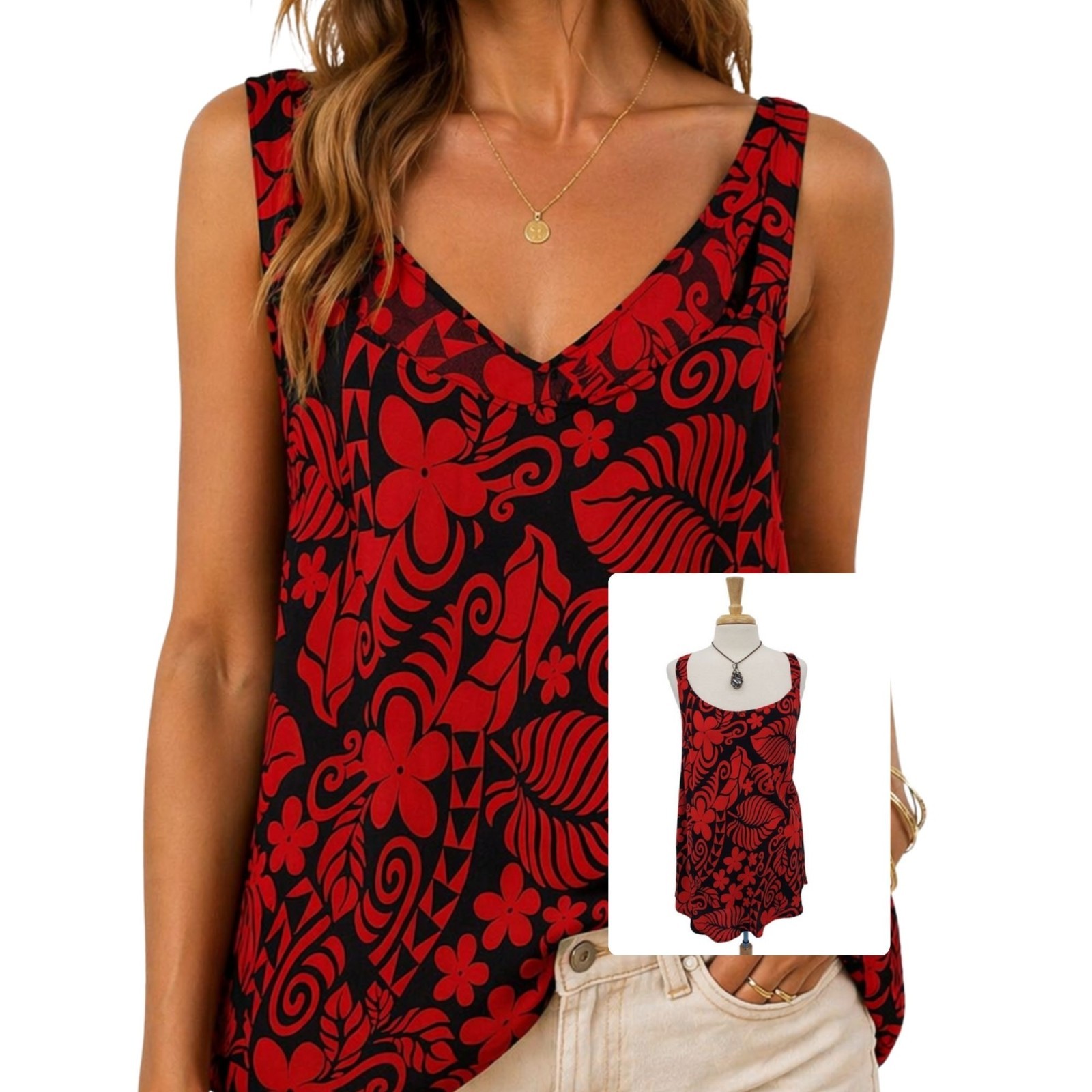 Womens Red Black Floral Tunic Tank Flowy Lightweight Beach Vacation Top 3XL