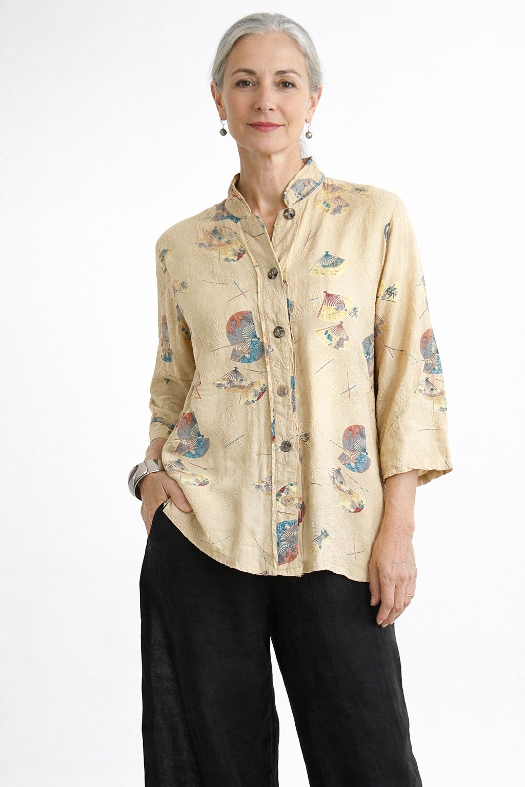 CITRON Santa Monica Silk Art to Wear Asian Fan Print Mandarin Collar Top Size S