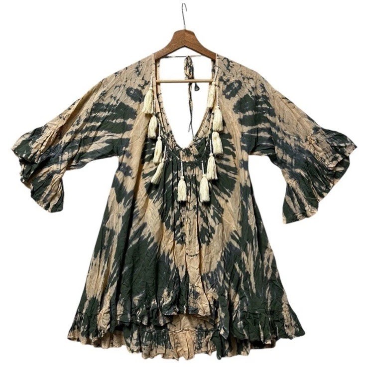 Lani Lau Hawaiian Fringe Tie Dye Resortwear Tunic Top OS