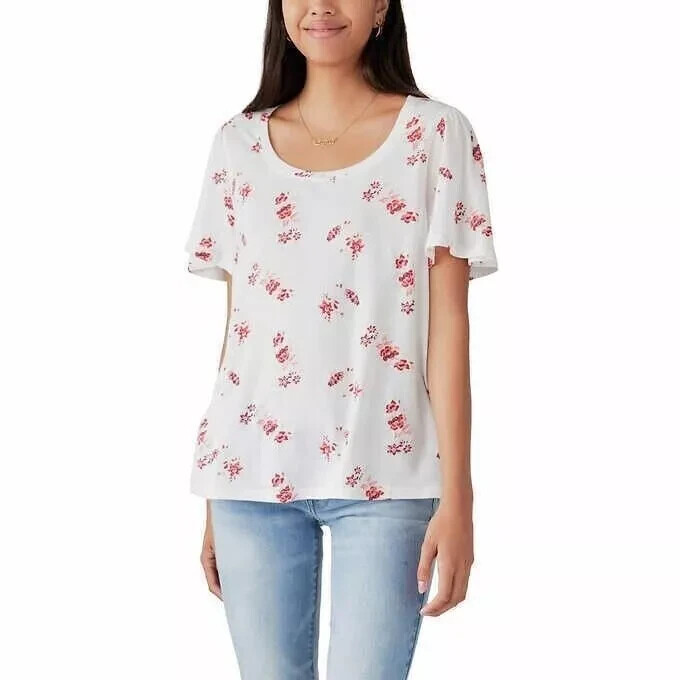 Lucky Brand Shirt Women’s Lightweight Short Flutter Sleeve white multi colors